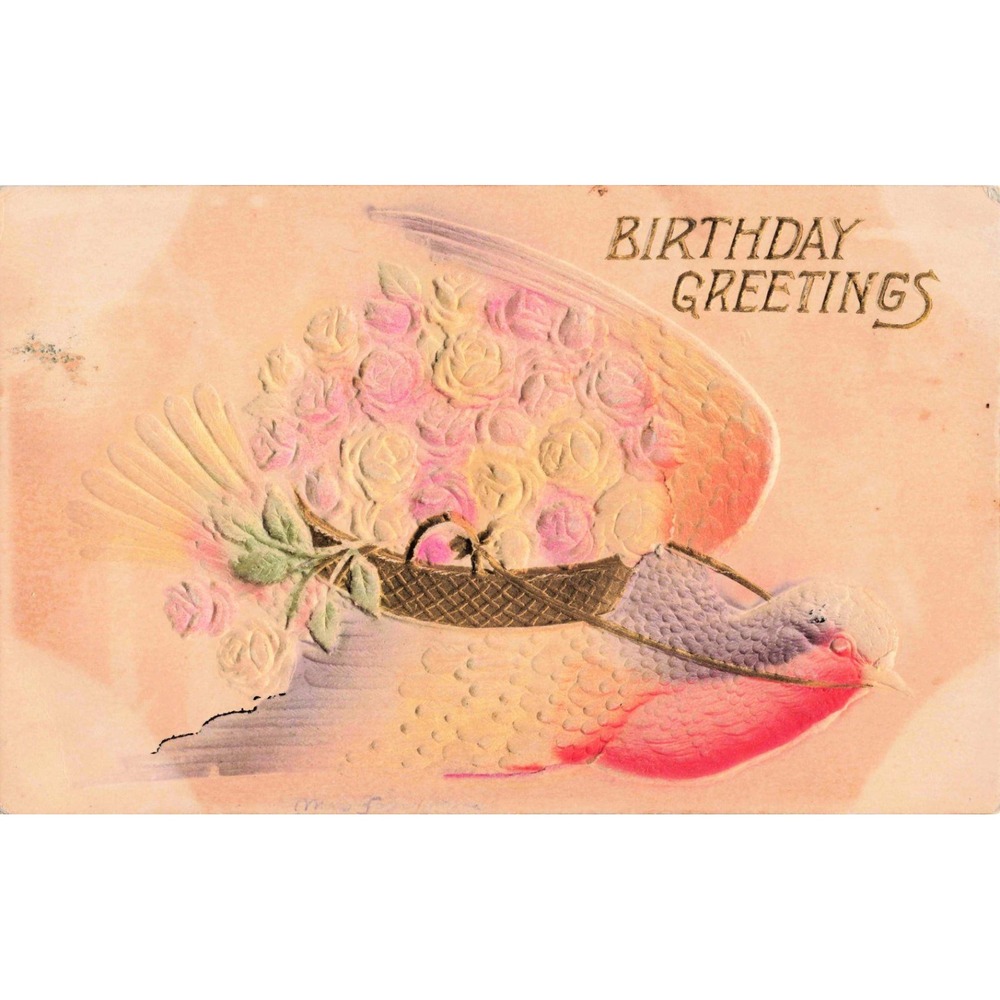 Vintage Birthday Greetings Postcard Embossed Bird with Rose Basket Divided Back